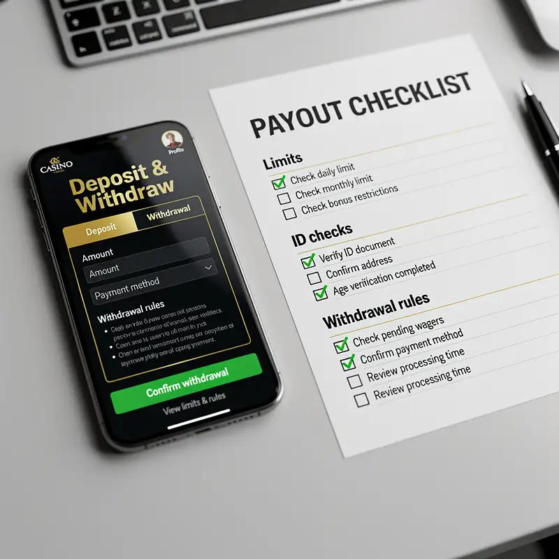 A mobile casino payment screen is reviewed next to a checklist for limits, ID checks and withdrawal rules.