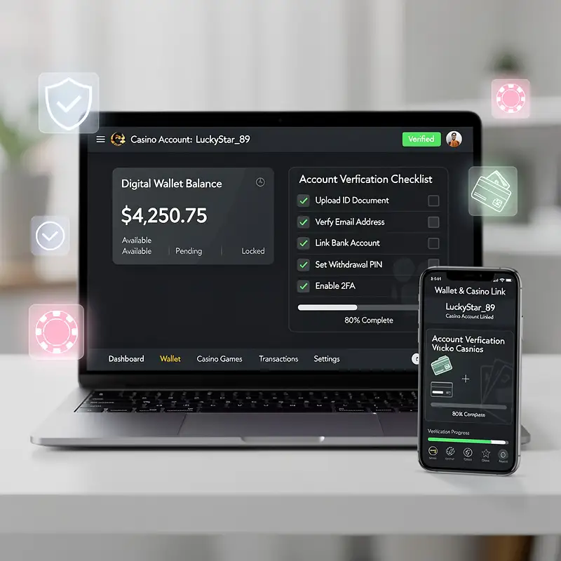 A digital wallet dashboard is matched with a casino account name and verification checklist.