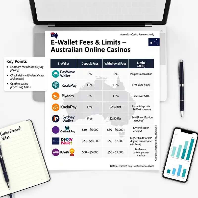 A comparison sheet shows e-wallet fees, limits and withdrawal notes for Australian casino research.