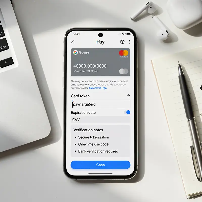 An Android phone shows a Google Pay casino deposit form with card token and verification notes.