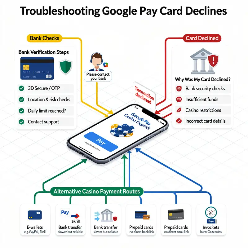 A troubleshooting map explains Google Pay card declines, bank checks and alternative casino payment routes.