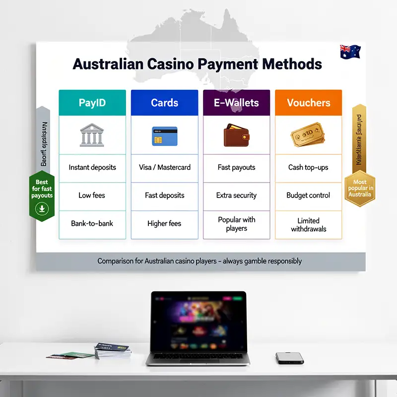 A payment comparison board shows PayID, cards, e-wallets and vouchers arranged for an Australian casino review.