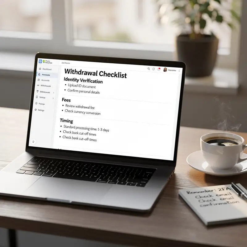 A laptop screen displays a withdrawal checklist with identity, fees and timing notes beside a coffee cup.
