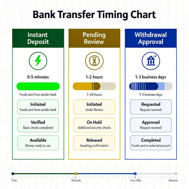 A bank transfer timing chart compares instant deposits, pending reviews and withdrawal approval stages.