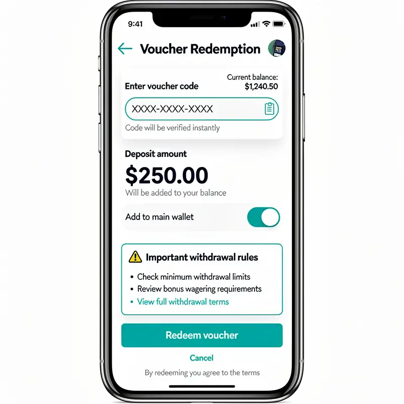 A voucher redemption screen shows code entry, deposit amount and a reminder to check withdrawal rules.