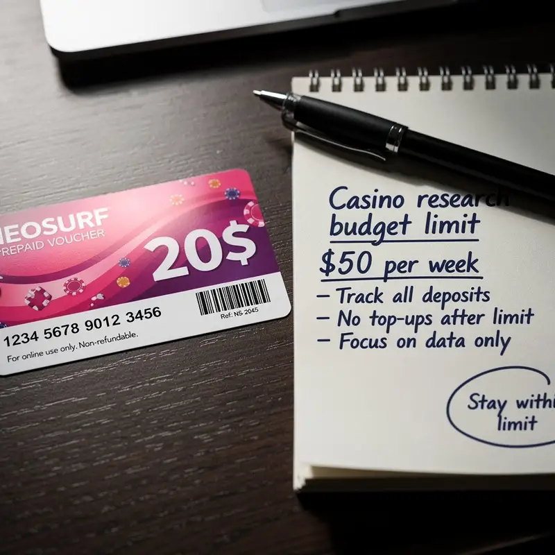 A twenty dollar Neosurf-style voucher is placed beside a written budget limit for casino research.