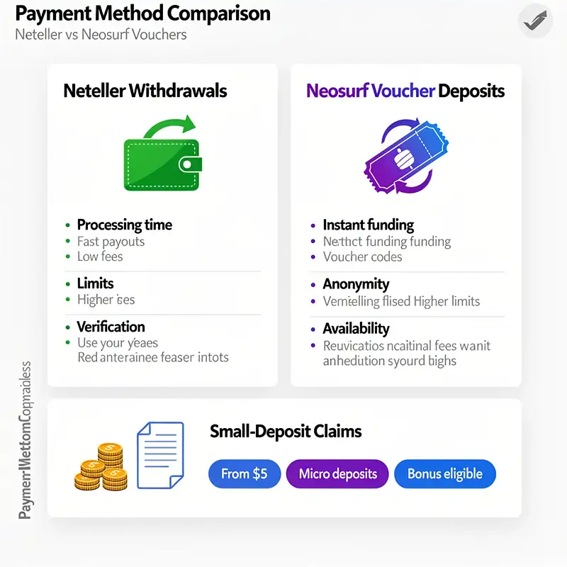 A comparison card contrasts Neteller withdrawals with Neosurf voucher deposits and small-deposit claims.