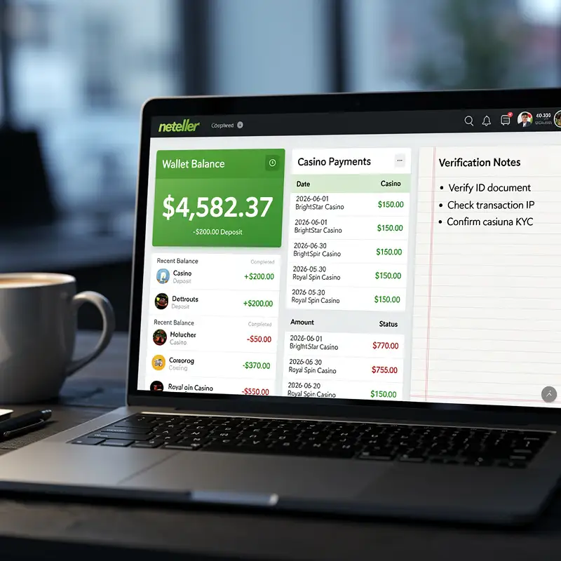 A Neteller-style wallet balance is reviewed beside a casino payment list and verification notes.