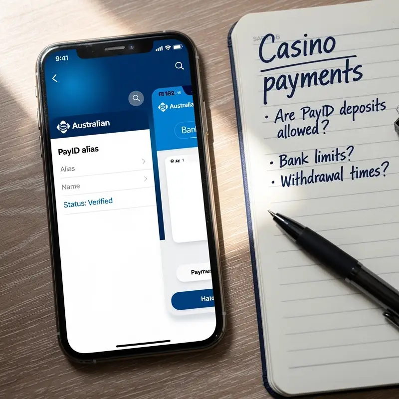 A phone shows a PayID alias check beside an Australian bank app and a notebook with casino payment questions.
