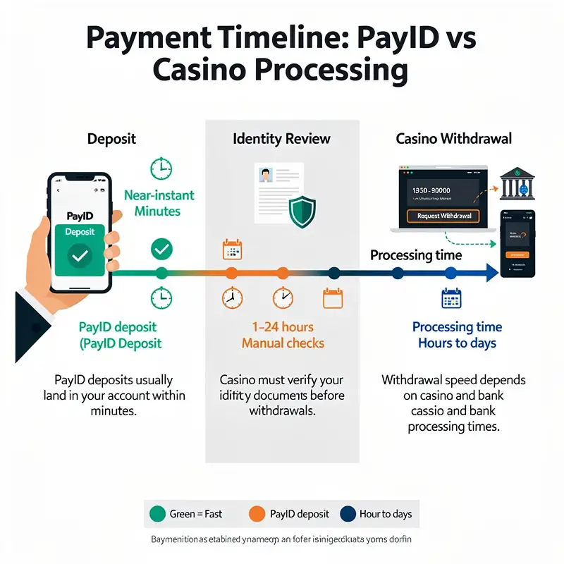A simple payment timeline compares PayID deposit speed with identity review and casino withdrawal processing.