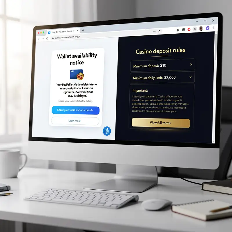 A PayPal-style wallet availability note is compared with casino deposit rules on a desktop screen.