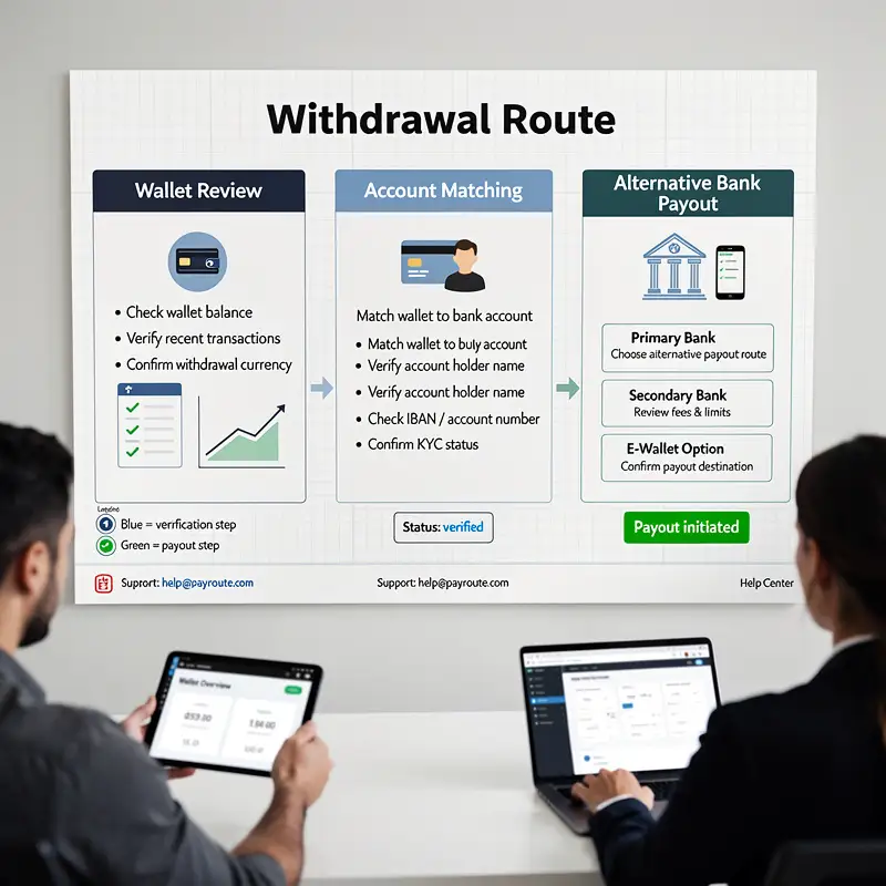 A withdrawal route board shows wallet review, account matching and alternative bank payout steps.
