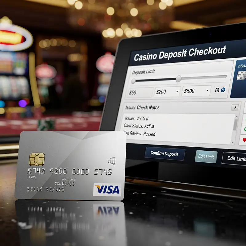 A Visa card sits beside a casino checkout screen with deposit limit and issuer check notes.