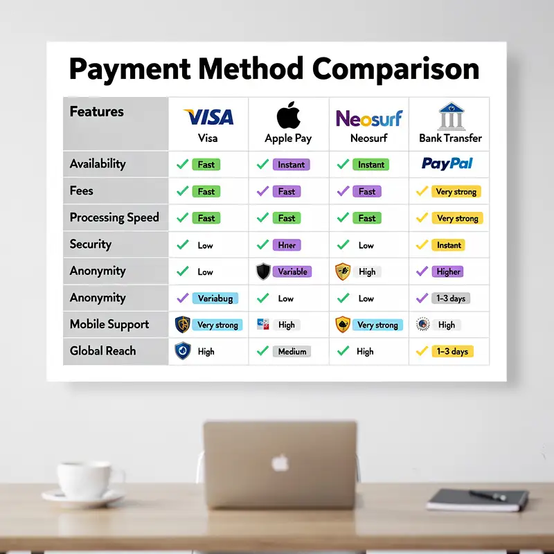 A comparison board links Visa with Apple Pay, Neosurf, PayPal and bank transfer alternatives.