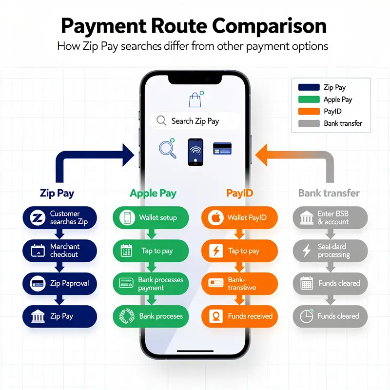 A payment route diagram contrasts Zip Pay searches with Apple Pay, PayID and bank transfer options.