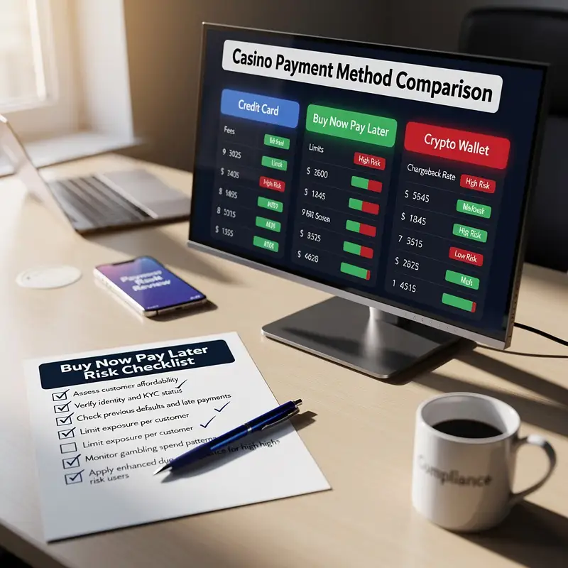 A buy-now-pay-later risk checklist sits beside a casino payment comparison screen on a desk.